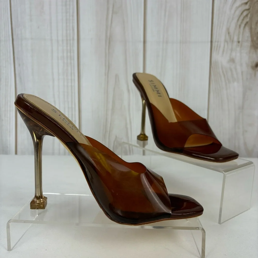 Simmi London Heels Patent Accent Heel Girlhoodcore Square Toe Clear Brown Size 4